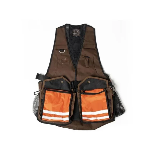 Braune Weste mit verschiedenen Taschen zum Hundetraining. Die Taschen sind mit einem reflektierenden orangefarbenen Stoff bezogen um auch im dunkeln gut sichtbar zu sein.