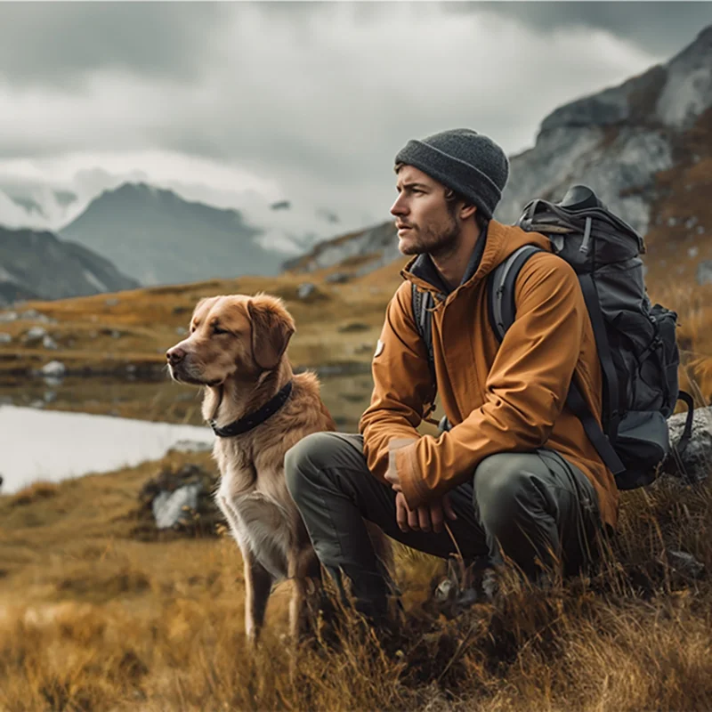 Ein Wanderer und sein goldfarbener Hund sitzen nebeneinander und blicken in die Ferne, vor einer imposanten Bergkulisse mit einem spiegelglatten See im Vordergrund und felsigen Spitzen im Hintergrund. Der Wanderer ist mit einem Rucksack ausgestattet und trägt eine orange Jacke und eine graue Mütze.