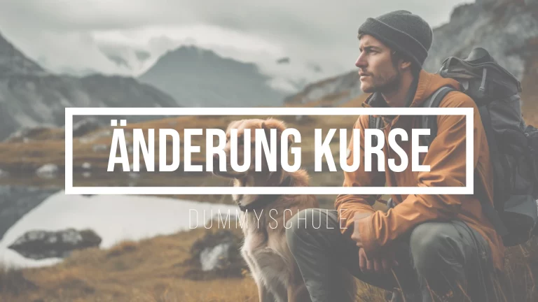 Beitragsbild zu den Änderungen an den Kursen. Auf dem Bild sitzt ein Wanderer mit seinem Golden Retriever an einem Bergsee. Beide schauen in die Ferne. Der Wanderer trägt einen Rucksack und eine Strickmütze. Das Bild strahlt Ruhe aus.