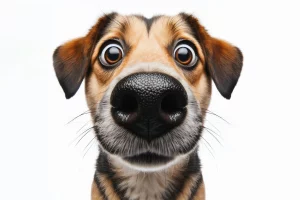 Ein Hund guckt sehr überrascht in die Kamera. Er sitzt so nah vor der Linse, das seine Schnause sehr groß erscheint, was lustig aussieht.