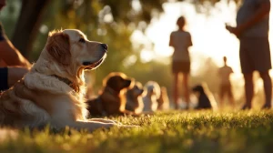 Ein Golden Retriever liegt aufmerksam in einer Gruppe von Hunden, während Halter im Hintergrund Anweisungen geben – Training in einer entspannten Outdoor-Umgebung.