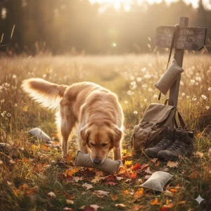 Foto eines Golden Retrievers auf einer herbstlichen Wiese mit einem Dummy im Maul, neben einem Wanderrucksack und einem Wegweiser.
